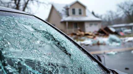 Damaged car window with debris from a stormy aftermath in the background.