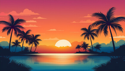 Obraz premium Free vector flat sunset background with palm trees