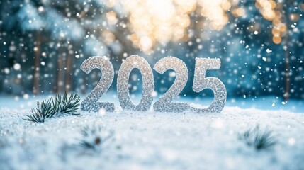 Frosty Silver 2025 on Snowy Winter Background, New Year Celebration