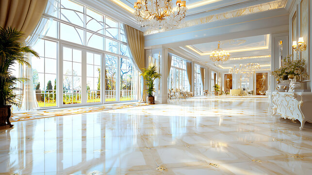 Luxurious hotel lobby interior with elegant chandeliers and large windows. marble floor reflects natural light, creating serene atmosphere
