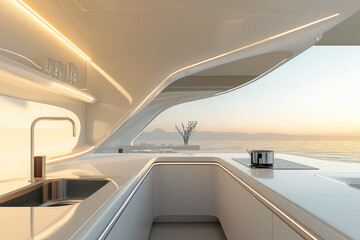 Fototapeta premium Modern kitchen featuring an integrated sink and a futuristic touchless faucet, with soft natural lighting.