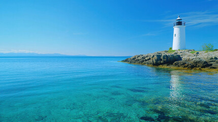 Tranquil Island with Crystal Clear Waters and Serene Lighthouse Landscape