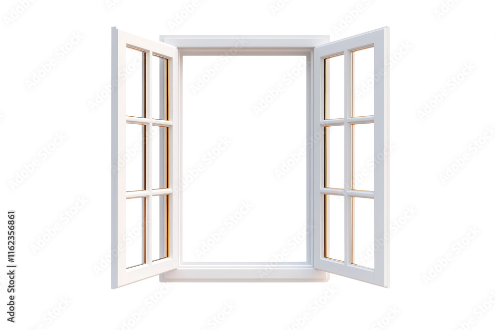 Poster a white window with two open panes, showcasing a straightforward design and clean lines.