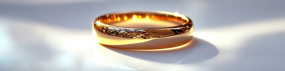 A shining gold ring with a minimalist design, placed on a clean white background with vibrant, crisp details and sharp reflections. contrast, white background