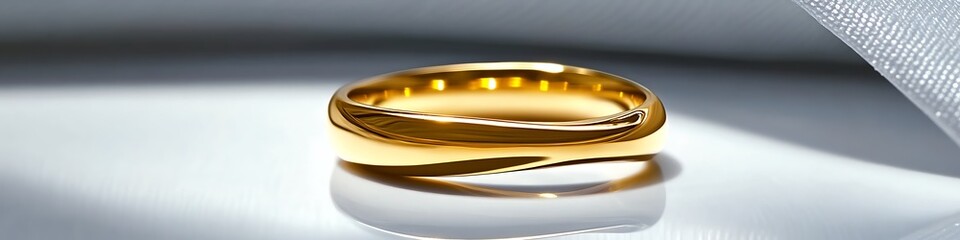 A shining gold ring with a minimalist design, placed on a clean white background with vibrant, crisp details and sharp reflections. contrast, white background, well-lit, sharp