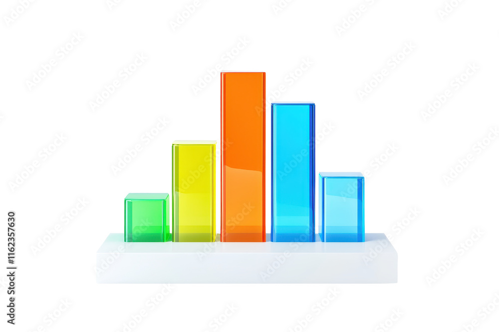 Poster a series of colorful vertical bars representing data visualization or statistical information.