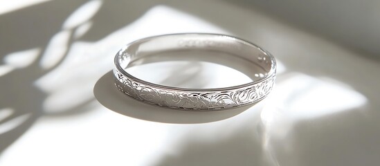 A silver bracelet with elegant engravings placed on a pristine white surface, reflecting bright light and soft shadows. contrast, white background, well-lit, sharp, realistic