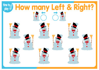 children's educational game, tasks. count how many elements will be placed on the right and how many on the left. New Year. Christmas	

