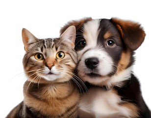 Portrait of happy dog ​​and cat looking at the camera together isolated on white background