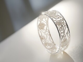 A silver bracelet with intricate details placed on a smooth white surface, illuminated by soft lighting and high clarity. contrast, white background, well-lit