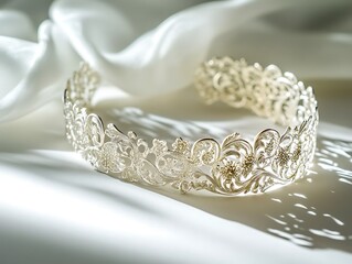 A silver bracelet with intricate details placed on a smooth white surface, illuminated by soft lighting and high clarity. contrast, white background, well-lit, sharp, realistic