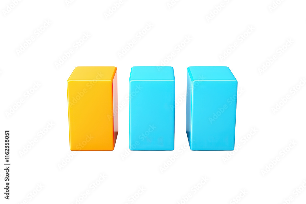 Poster three colorful blocks in orange and blue arranged in a row, showcasing their distinct shapes and vib
