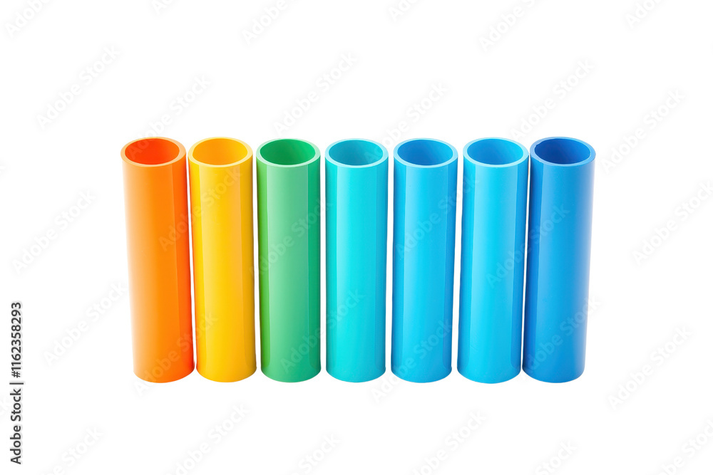 Poster a vibrant arrangement of cylindrical tubes in various colors, creating a visually appealing gradient