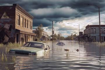 A flooded city street with submerged cars and abandoned buildings, stormy clouds in the background.