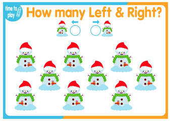 children's educational game, tasks. count how many elements will be placed on the right and how many on the left. New Year. Christmas	
