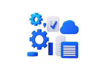 A collection of blue icons representing gears, documents, a cloud, and checkmarks, symbolizing technology and data management.