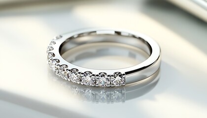 A silver ring adorned with diamonds placed on a clean white surface, casting bright reflections under soft lighting. contrast, white background, well-lit, sharp, realistic