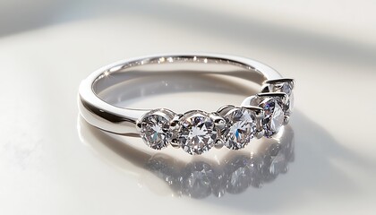 A silver ring adorned with diamonds placed on a clean white surface, casting bright reflections under soft lighting. contrast, white background, well-lit, sharp, realistic