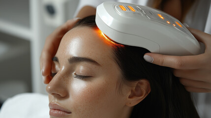 Close up of medical scalp scanner in use on patient head