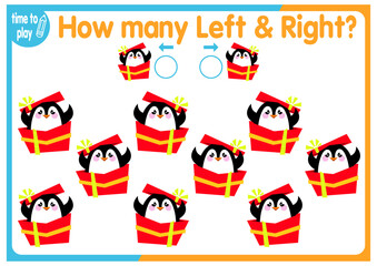 children's educational game, tasks. count how many elements will be placed on the right and how many on the left. New Year. Christmas	
