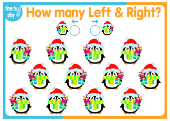 children's educational game, tasks. count how many elements will be placed on the right and how many on the left. New Year. Christmas	
