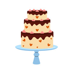 Three tier wedding cake with heart decorations on a decorative stand