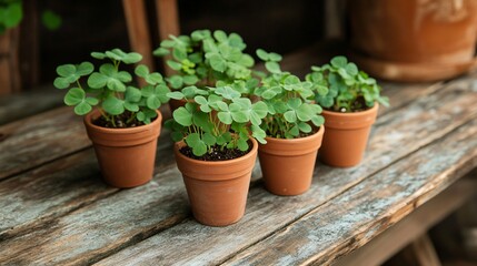 Fototapeta premium Fenugreek plants growing in small terracotta pots, arranged on a weathered wooden bench with rustic decor