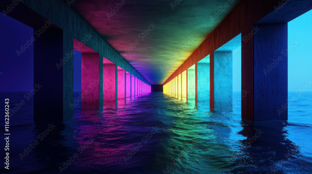 Poster vibrant rainbow colors above a highway with floating columns in a dreamlike scene