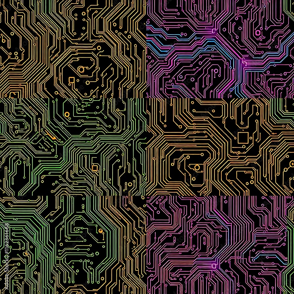 Poster abstract circuitry pattern: a mesmerizing seamless pattern of vibrant, interweaving circuit boards, 