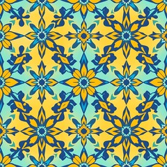 Fototapeta premium Vibrant Floral Tile Pattern: Sunshine Yellow and Teal Mandala Design 