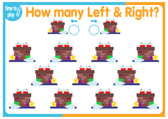 children's educational game, tasks. count how many elements will be placed on the right and how many on the left. New Year. Christmas	