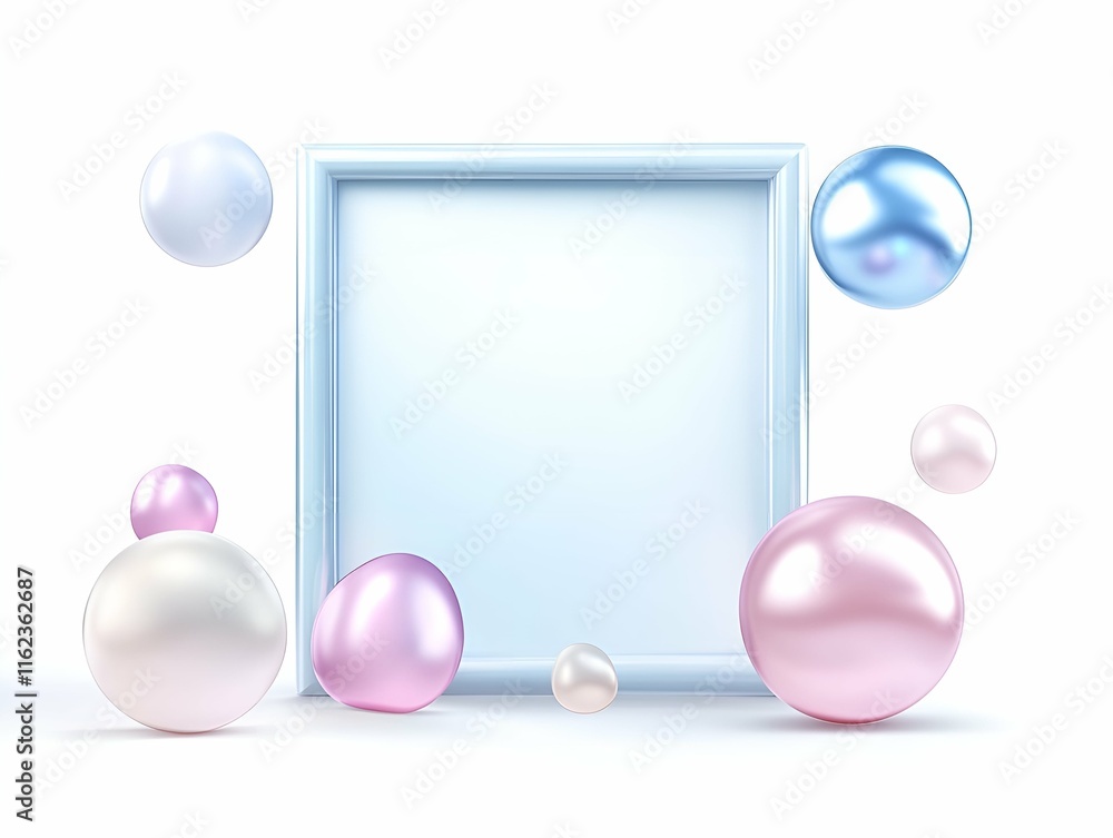 Poster a minimalist pastel composition with a rectangular frame in blue surrounded by glossy, pearlescent s