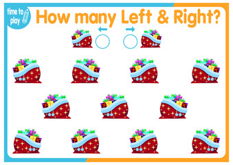 children's educational game, tasks. count how many elements will be placed on the right and how many on the left. New Year. Christmas	