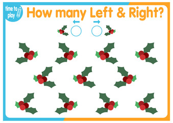 children's educational game, tasks. count how many elements will be placed on the right and how many on the left. New Year. Christmas	