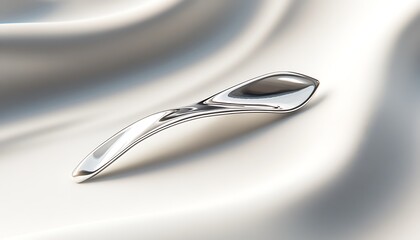 A silver pin with a modern design resting on a smooth white background, illuminated by high-contrast lighting and crisp details. contrast, white background, well-lit, sharp, realistic