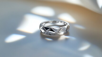 A silver ring with a geometric pattern placed on a smooth white surface, catching soft reflections under sharp lighting. contrast, white background, well-lit, sharp, realistic
