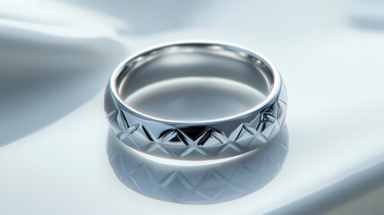 A silver ring with a geometric pattern placed on a smooth white surface, catching soft reflections under sharp lighting. contrast, white background, well-lit, sharp