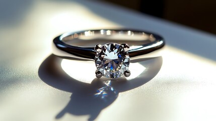 A silver ring with a sparkling gemstone displayed on a flawless white surface, casting vivid reflections and soft shadows. contrast, white background, well-lit, sharp, realistic