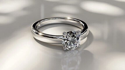 A silver ring with a sparkling gemstone displayed on a flawless white surface, casting vivid reflections and soft shadows. contrast, white background, well-lit, sharp, realistic