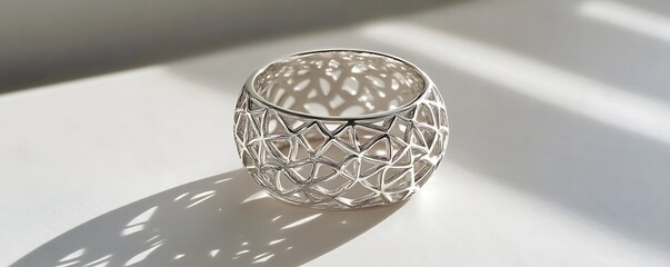 A silver ring with intricate patterns displayed on a pristine white surface, casting crisp shadows under vivid lighting. contrast, white background, well-lit, sharp