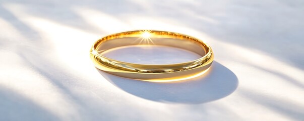 A simple gold bracelet placed on a smooth white background, reflecting bright light and showcasing crisp details. contrast, white background, well-lit, sharp, realistic