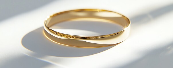 A simple gold bracelet placed on a smooth white background, reflecting bright light and showcasing crisp details. contrast, white background, well-lit