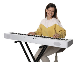 Smiling woman playing synthesizer on white background