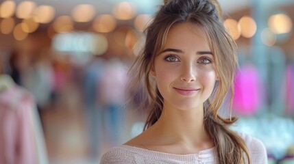 Portrait of a beautiful young woman in a shopping center. Blurred background.