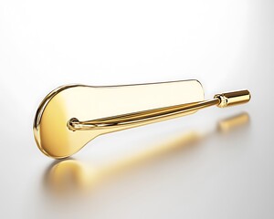 A simple gold pin displayed on a smooth white background, illuminated with sharp lighting and intricate reflections. contrast, white background, well-lit, sharp