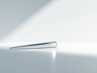 A sleek silver pin placed on a smooth white surface, reflecting bright light and sharp shadows. contrast, white background, well-lit, sharp, realistic, and visually appealing realistic