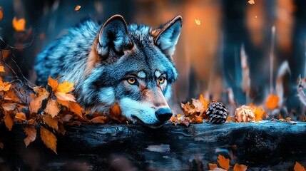   An autumnal forest scene captures a lone wolf atop a log, surrounded by rustling autumn leaves and a nearby pine cone