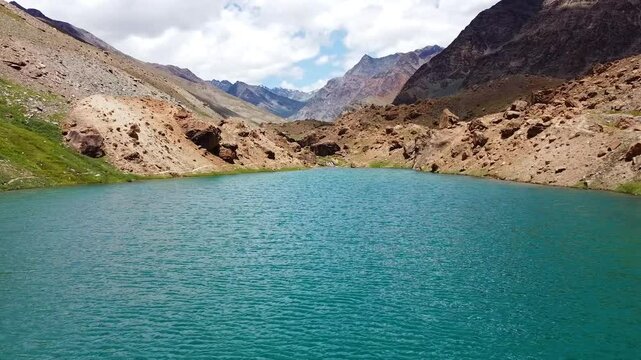 An aerial view of deepak tal is a small lake situated at an altitude of 3,760 meters in the lahaul valley of himachal pradesh, India.