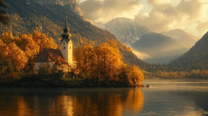 Fototapeta premium Serene lakeside church surrounded by autumn foliage.