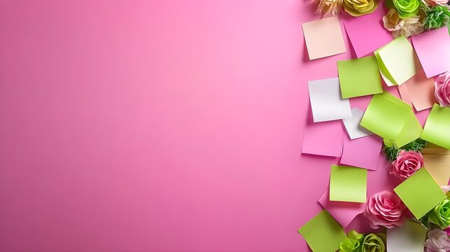 Colorful Sticky Notes and Flowers with Pink Background for Creative Planning, Organization, or Personal Branding Projects